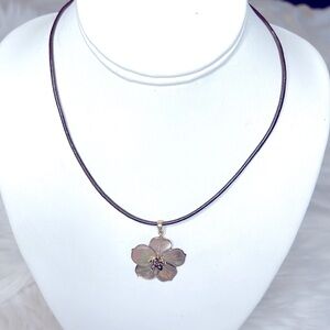Flower Pendant Necklace 14k Gold and Leather